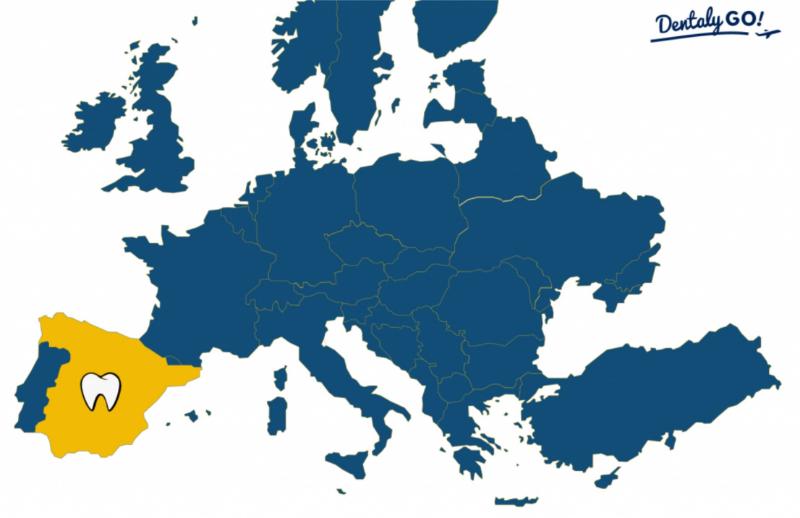 A map of Europe highlighting Spain in yellow with a tooth icon, indicating it as a key destination for dental tourism. The rest of Europe is shaded in blue. The image includes the 