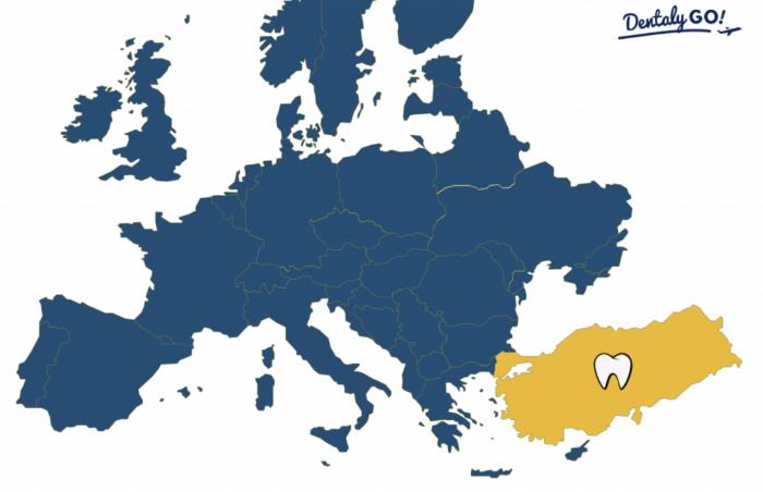 A simplified map of Europe highlighting Turkey in yellow, with a tooth icon placed over it, symbolizing Turkey as a major destination for dental tourism.