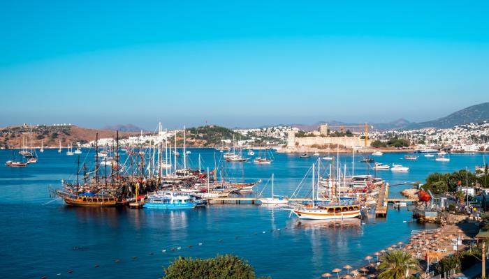 A scenic view of Bodrum Harbor in Turkey, featuring traditional wooden boats and yachts on the blue waters, with Bodrum Castle and the white-washed cityscape in the background.