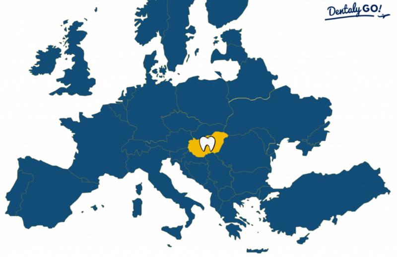A map of Europe highlighting Hungary in yellow with a white tooth icon, indicating its prominence as a dental tourism destination. The rest of Europe is shaded in blue. The 